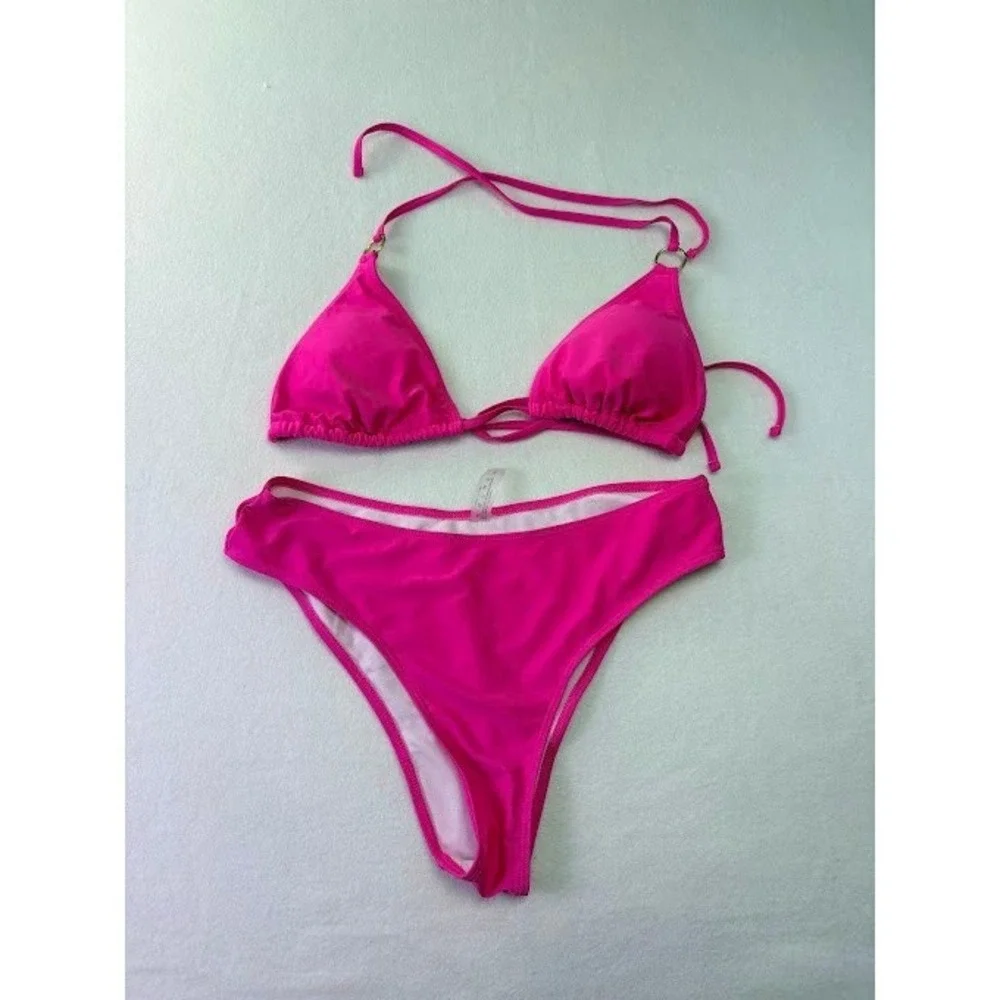 Shein Bikini Set Women 1XL Hot Pink Excellent Triangle High Cut O-Ring